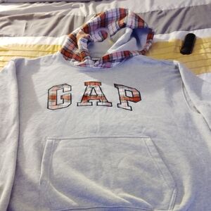 GAP Light Gray Hoodie with Plaid Accents